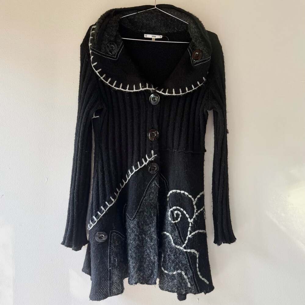 Sioni Cardigan Black Knit Mixed Media Boho Coat
